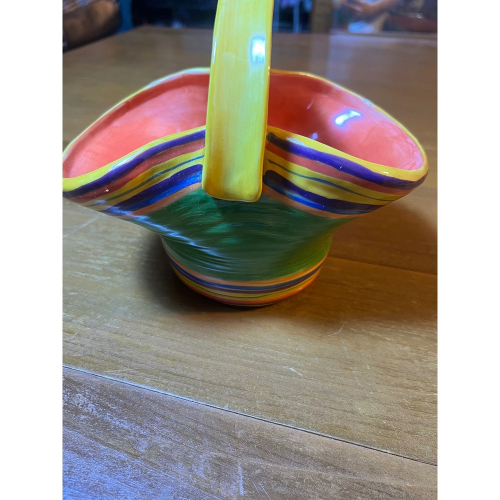 Pacific Rim Handpainted Ceramic Striped Basket Multi-Color Wavy Rim 7" x 8"